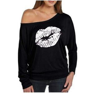EUC Women’s Size Small Long Sleeve Diagonal Neck Off Shoulder Lip Print In Black